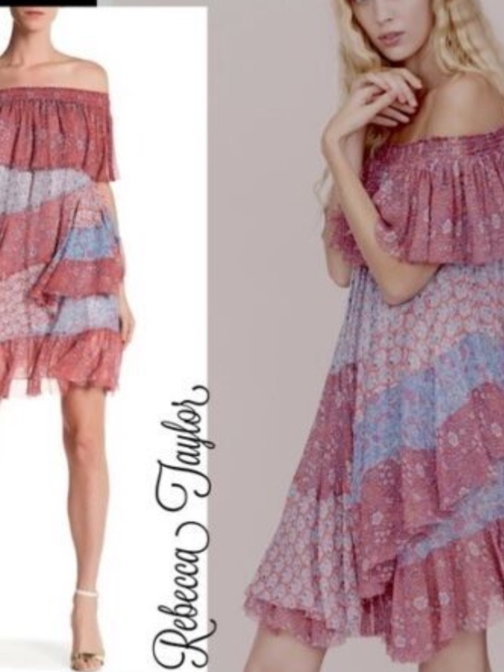 NWT Rebecca Taylor Amanda off shoulder mixed tier silk Dreas Size 6 - Picture 13 of 15